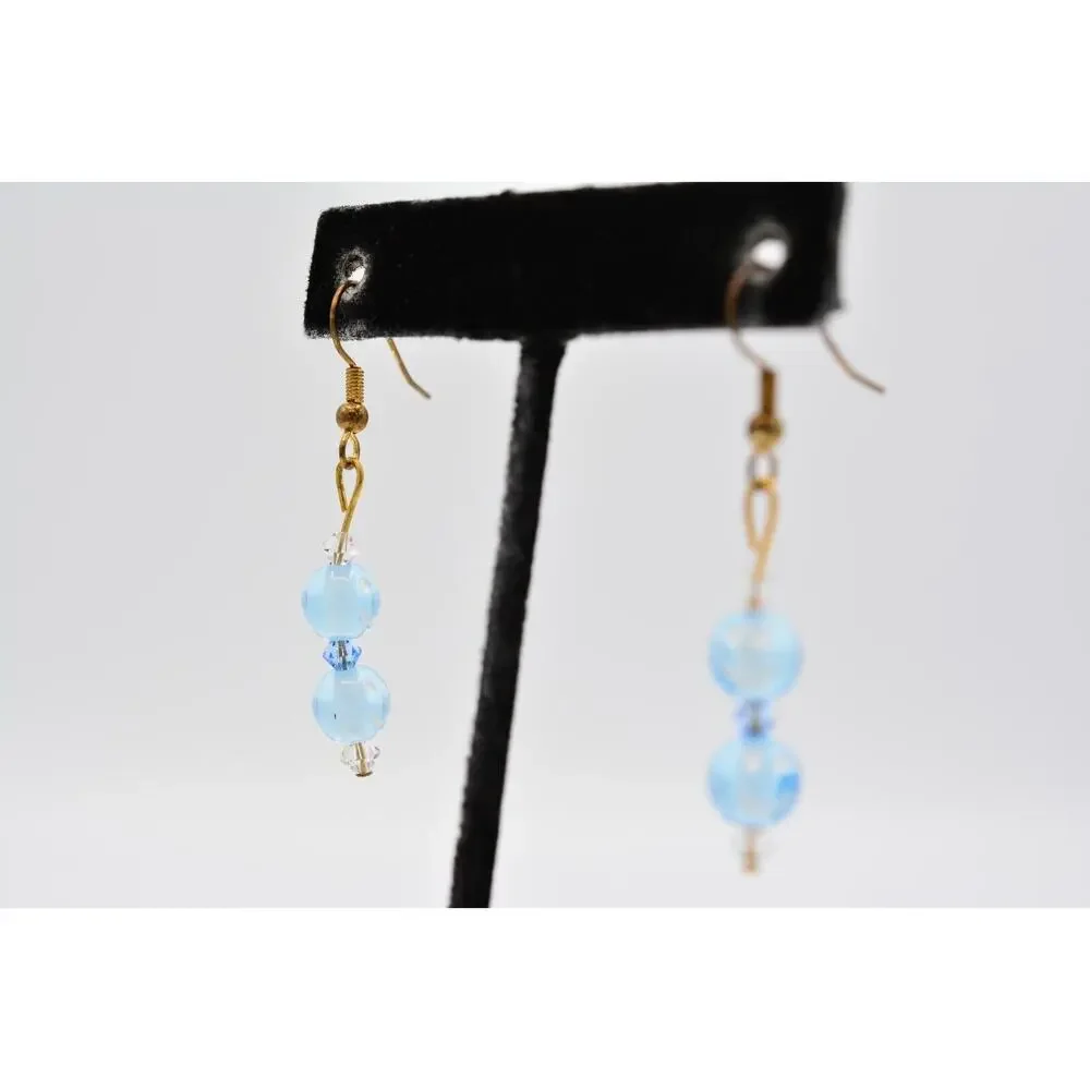 Dangle Beaded Earrings Sky Blue Happy Face Crystal Drop Round 1990s BinAA